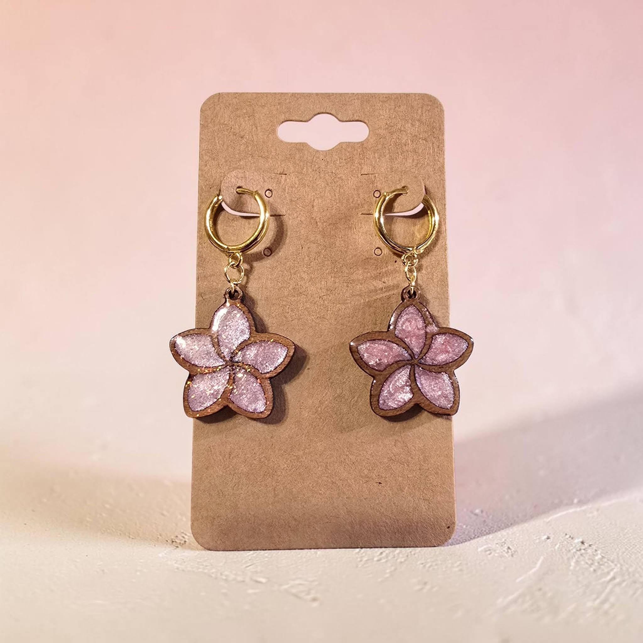 Earrings - pink/wood flowers