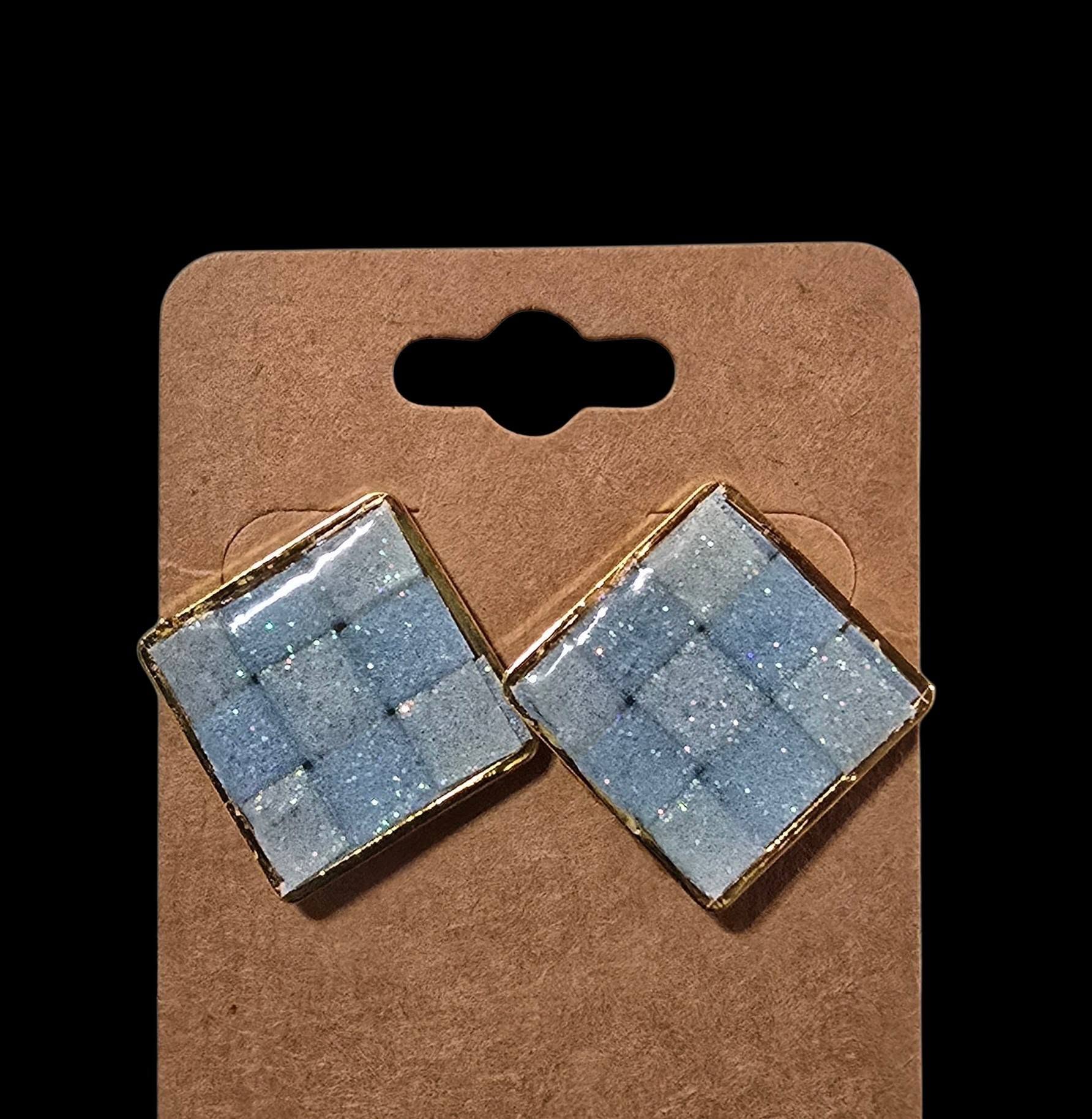 Earrings - studs: blue plaid