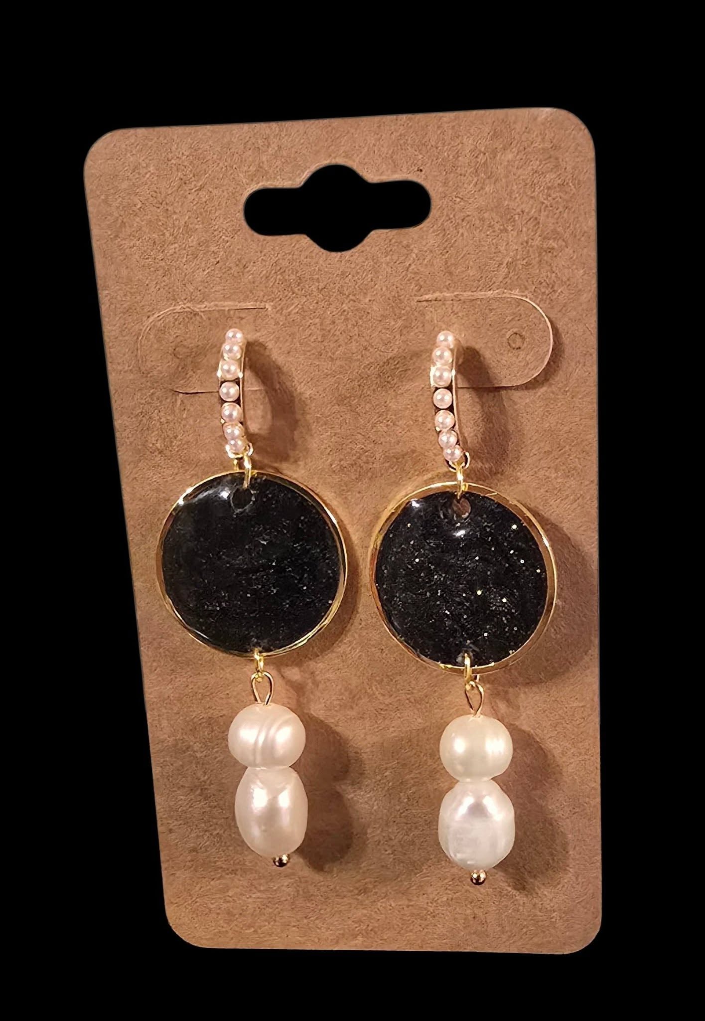 Earrings - black coin with drop pearl