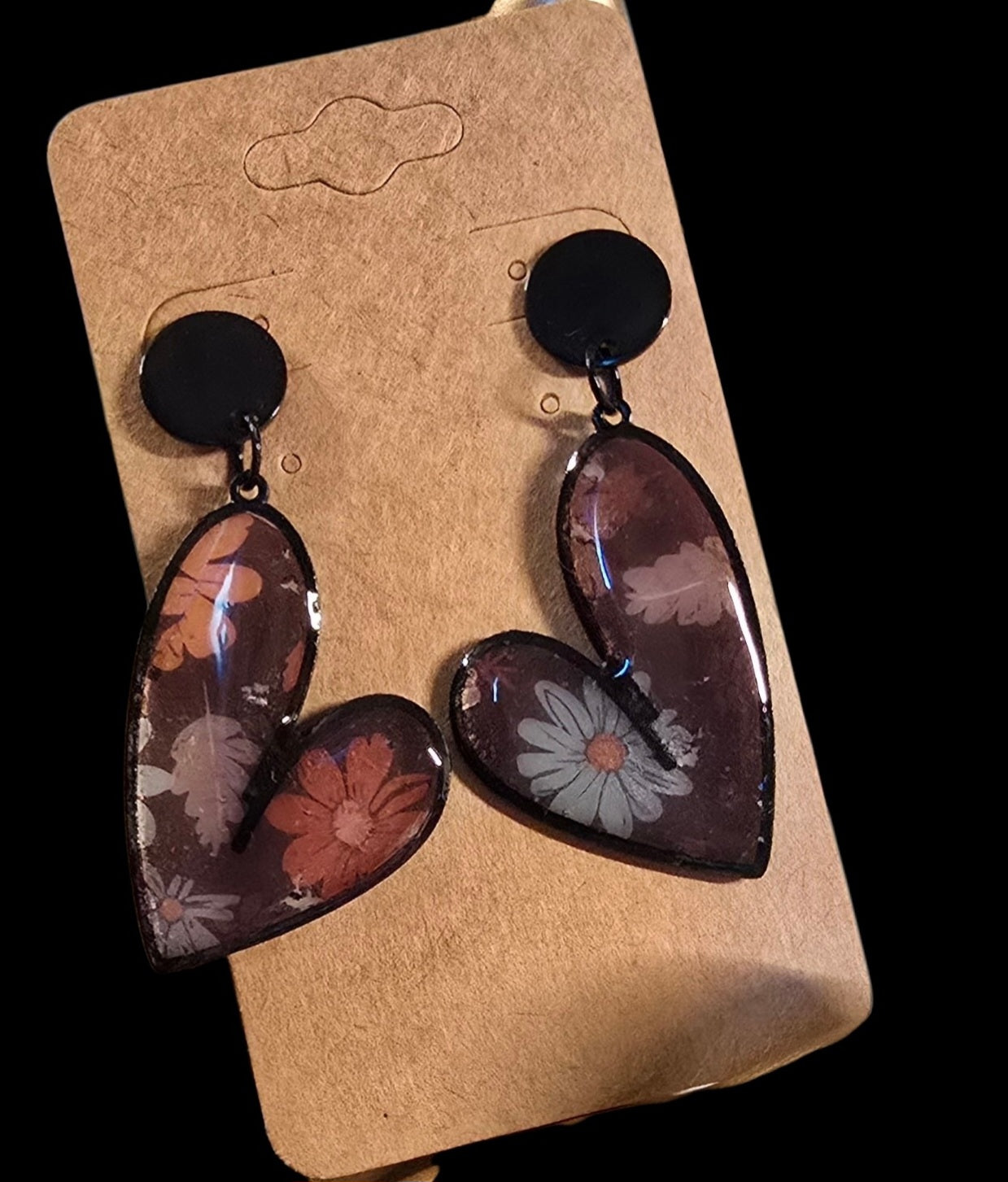 Earrings - black with floral pattern